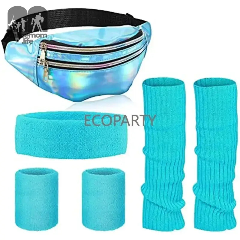 Holographic turquoise fanny pack with multiple zippered compartments and matching sweatbands, wristbands, and leg warmers.