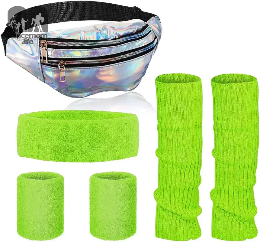 Holographic metallic fanny pack with neon green sweatband accessories.