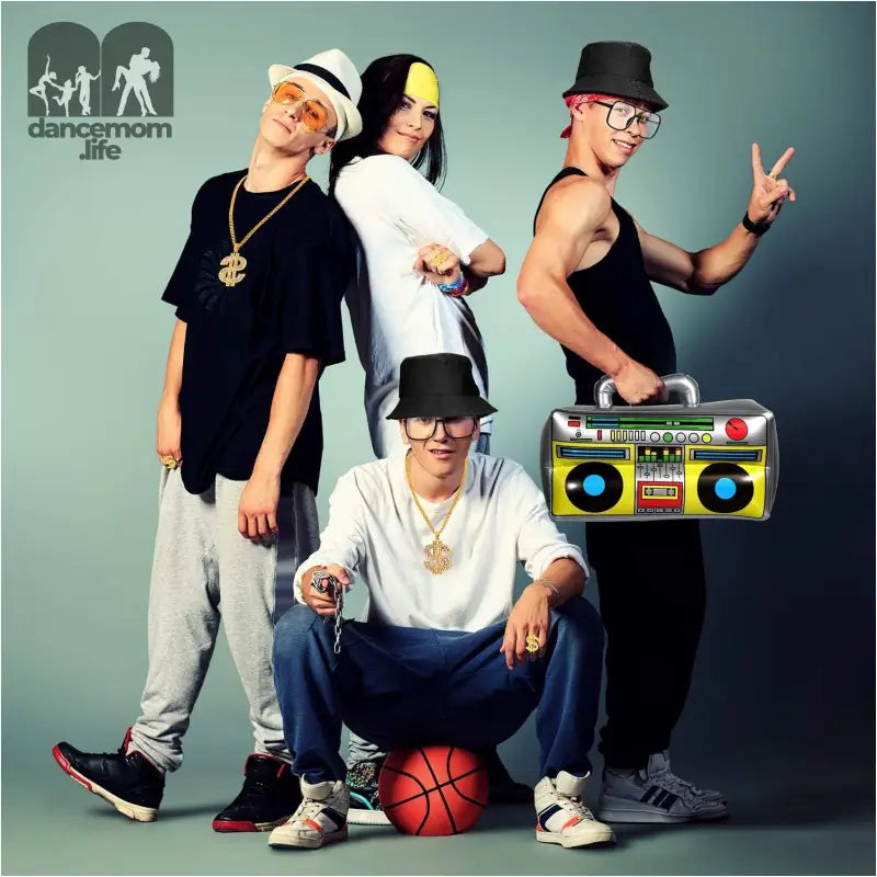 6 Pcs 80S 90S Hip Hop Costume Outfit Kit Inflatable Radio Boombox Necklace Ring Sunglasses Hat Rapper Accessories