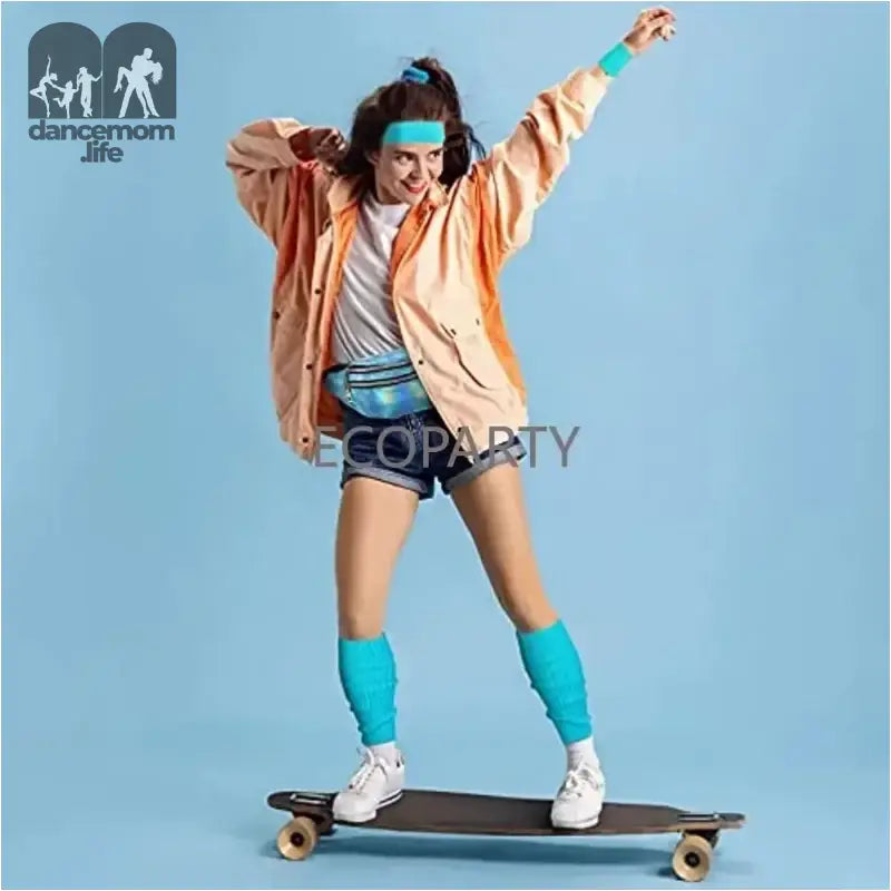 Person in 1980s-style workout gear riding a skateboard.