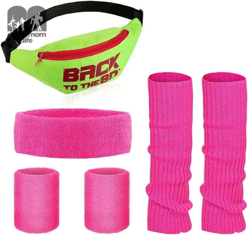 Neon green fanny pack with red ’BACK TO THE’ text and accents, paired with hot pink sweatbands and leg warmers.