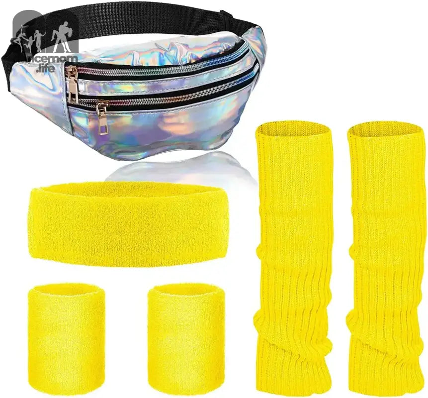 Holographic fanny pack with yellow athletic accessories including sweatbands, wristbands, and leg warmers.