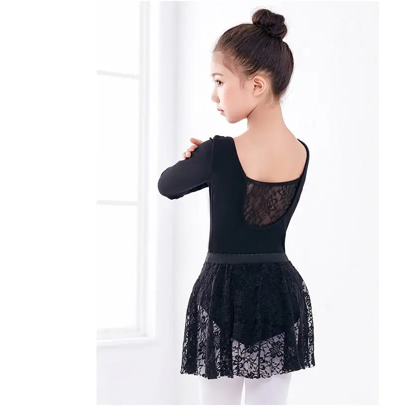 Long/Short Black Dance Leotard with Lace Skirt for Girls – Ballet Gymnastics Leotard