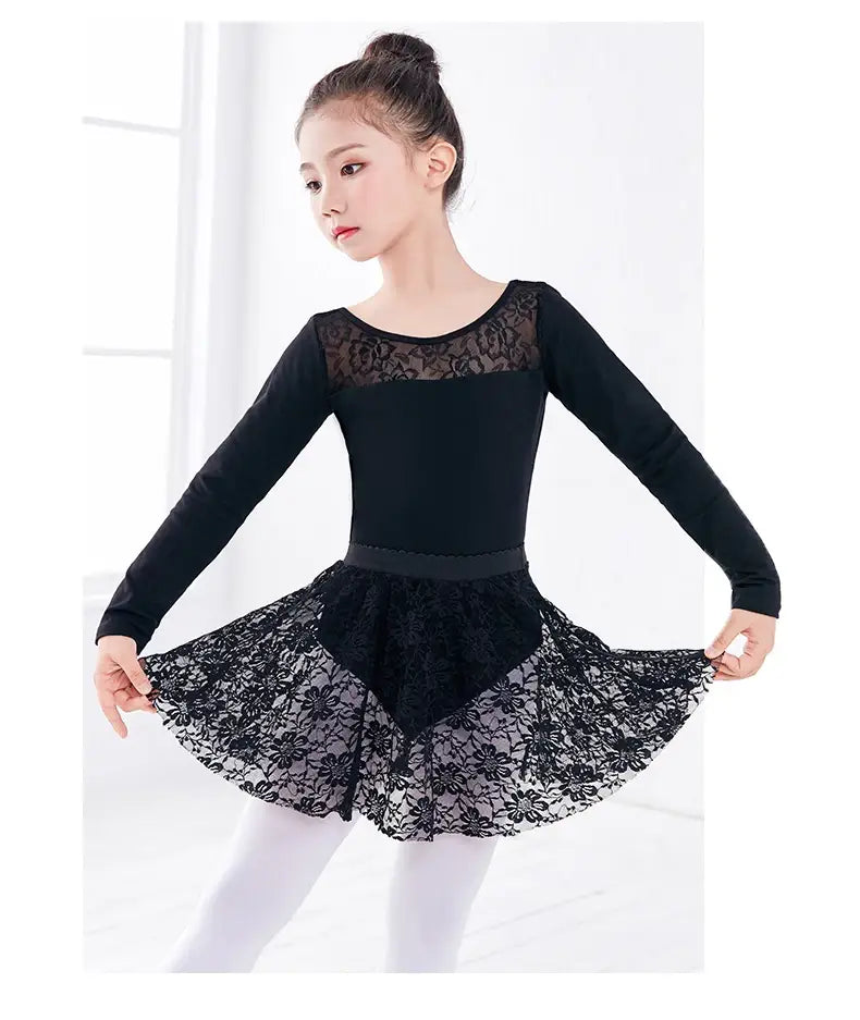 Long/Short Black Dance Leotard with Lace Skirt for Girls – Ballet Gymnastics Leotard