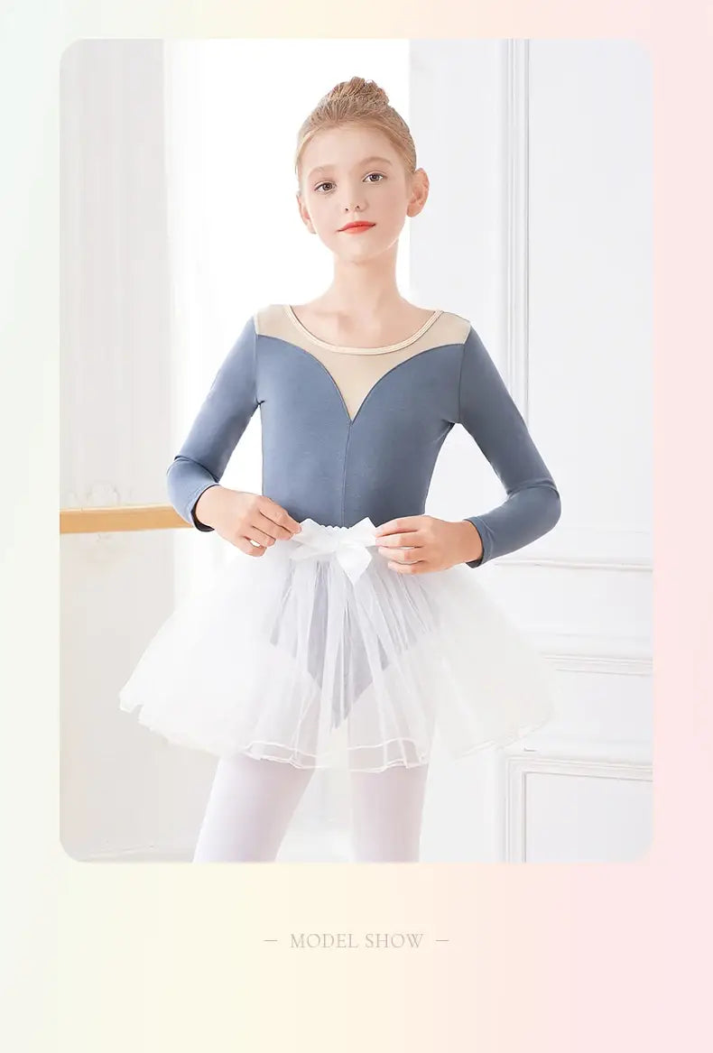 Girls Teen Ballet Leotard Mesh Leotard with Tutu – Long Black/Gray Ballet Dance Bodysuit