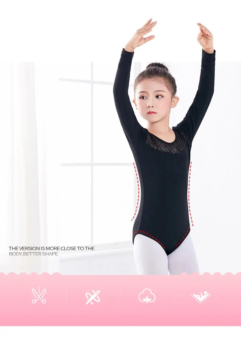 Long/Short Black Dance Leotard with Lace Skirt for Girls – Ballet Gymnastics Leotard