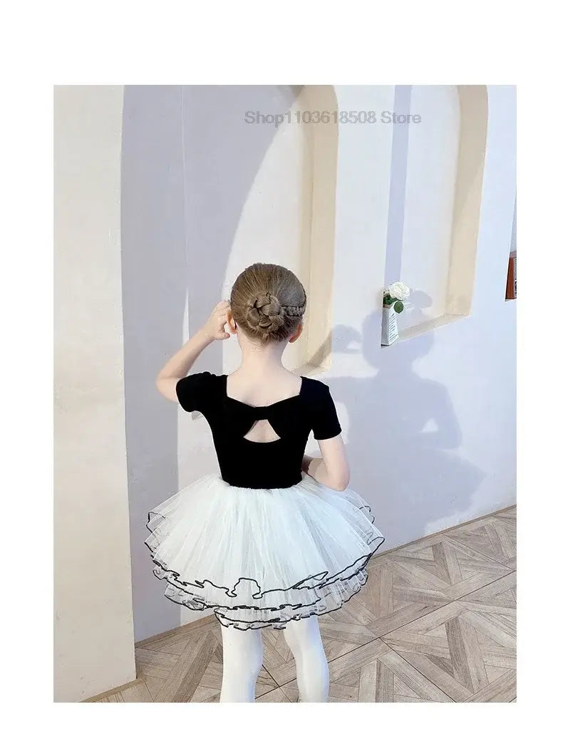 Girls’ Black Short-Sleeve Ballet Training Leotard with Back Bowknot