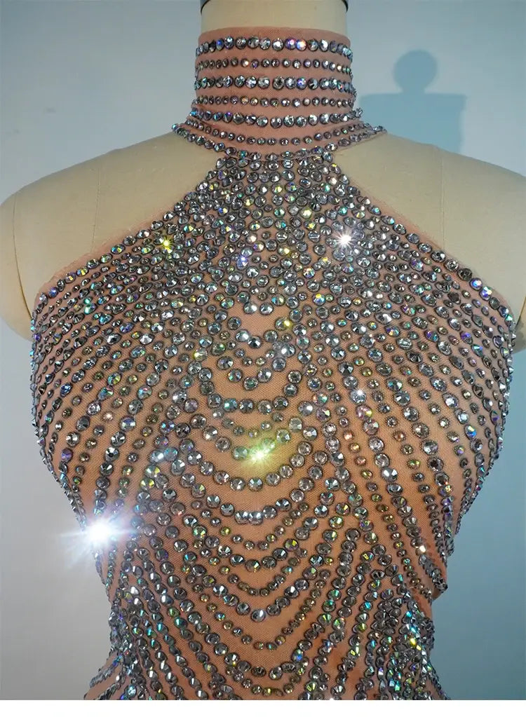 Elegant Rhinestone Fringe Tassel Dress – Sparkly Transparent Nightclub Outfit for Women Dancers & Birthday Celebrations