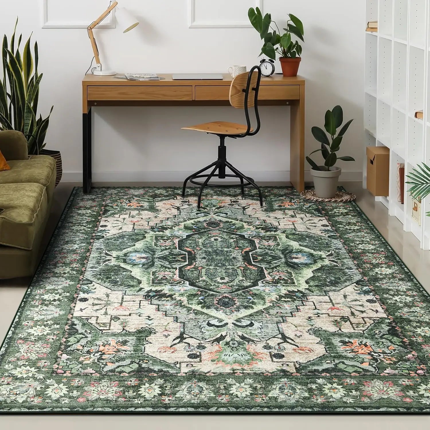 Soft Vintage Floral Area Rug – Non-Slip Low-Pile Carpet for Living Room Bedroom Dining & Kitchen