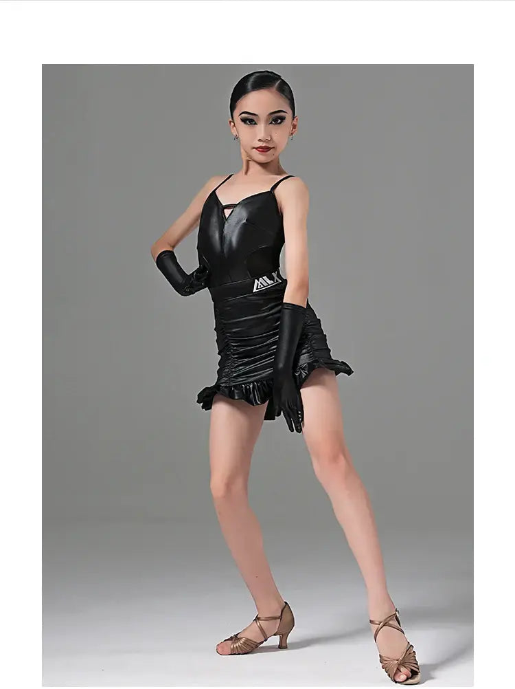 Black Leather Latin Dance Dress for Girls – Samba ChaCha Rumba Salsa Competition & Training Costume