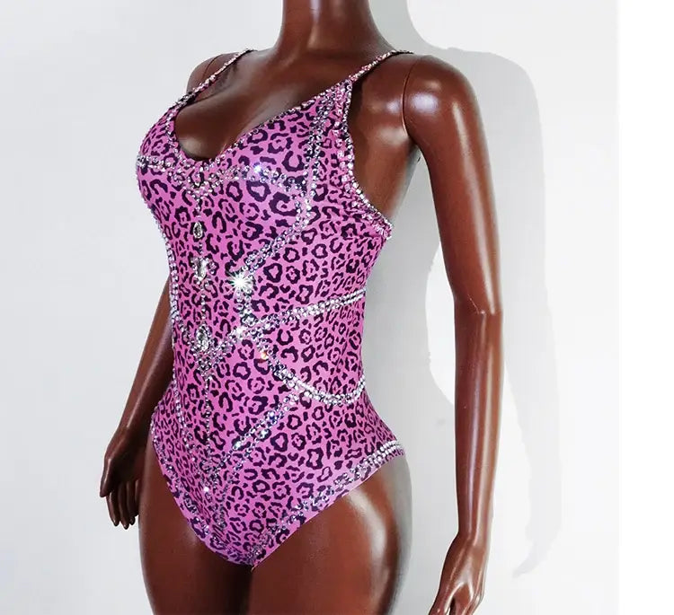 Sexy Pink Leopard Print Rhinestone Jumpsuit – Stretch Bodysuit for Dance Stage Nightclub & Birthday Performances