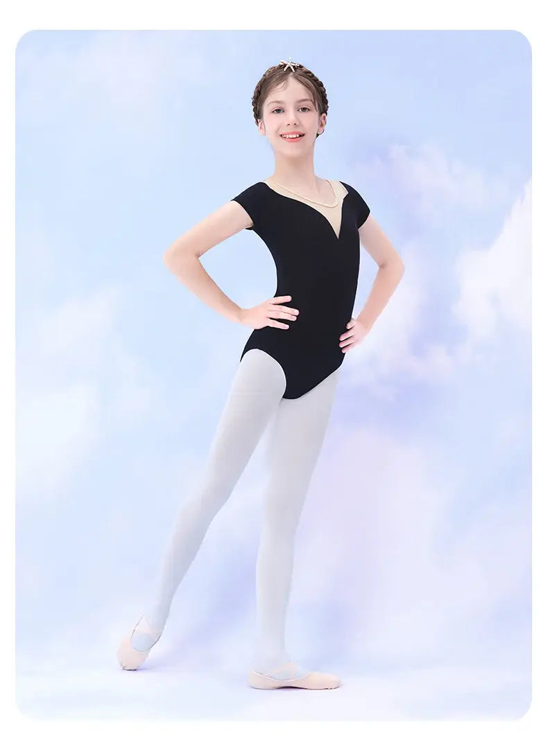 Girls Teen Ballet Leotard Mesh Leotard with Tutu – Long Black/Gray Ballet Dance Bodysuit