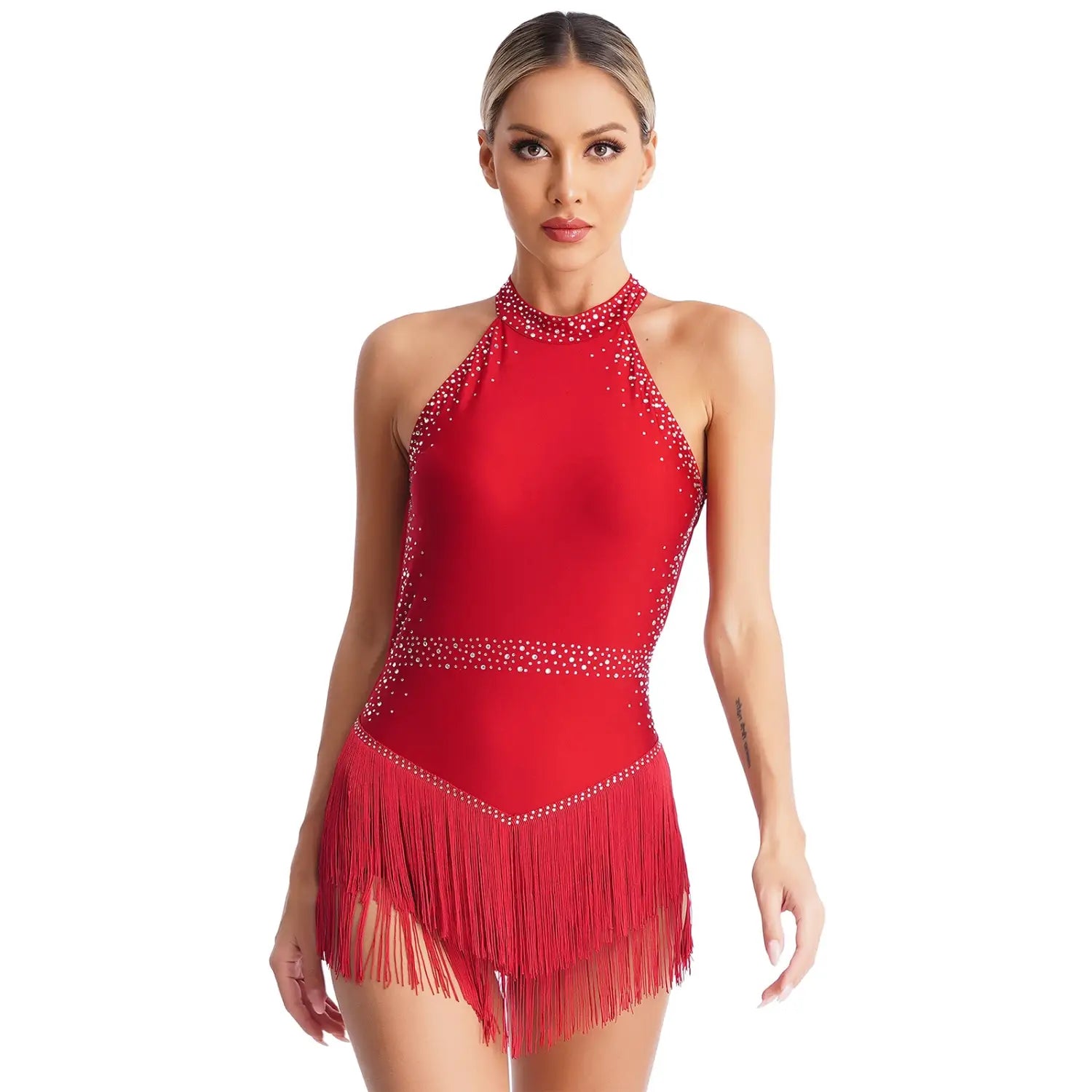 Women’s Shiny Rhinestone Latin Jazz Ballet Dance Costume - Backless Cha Cha Ballroom Leotard Fringe