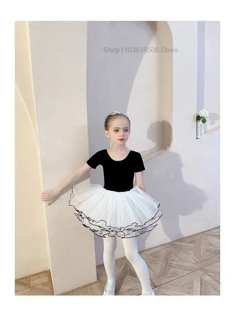 Girls’ Black Short-Sleeve Ballet Training Leotard with Back Bowknot