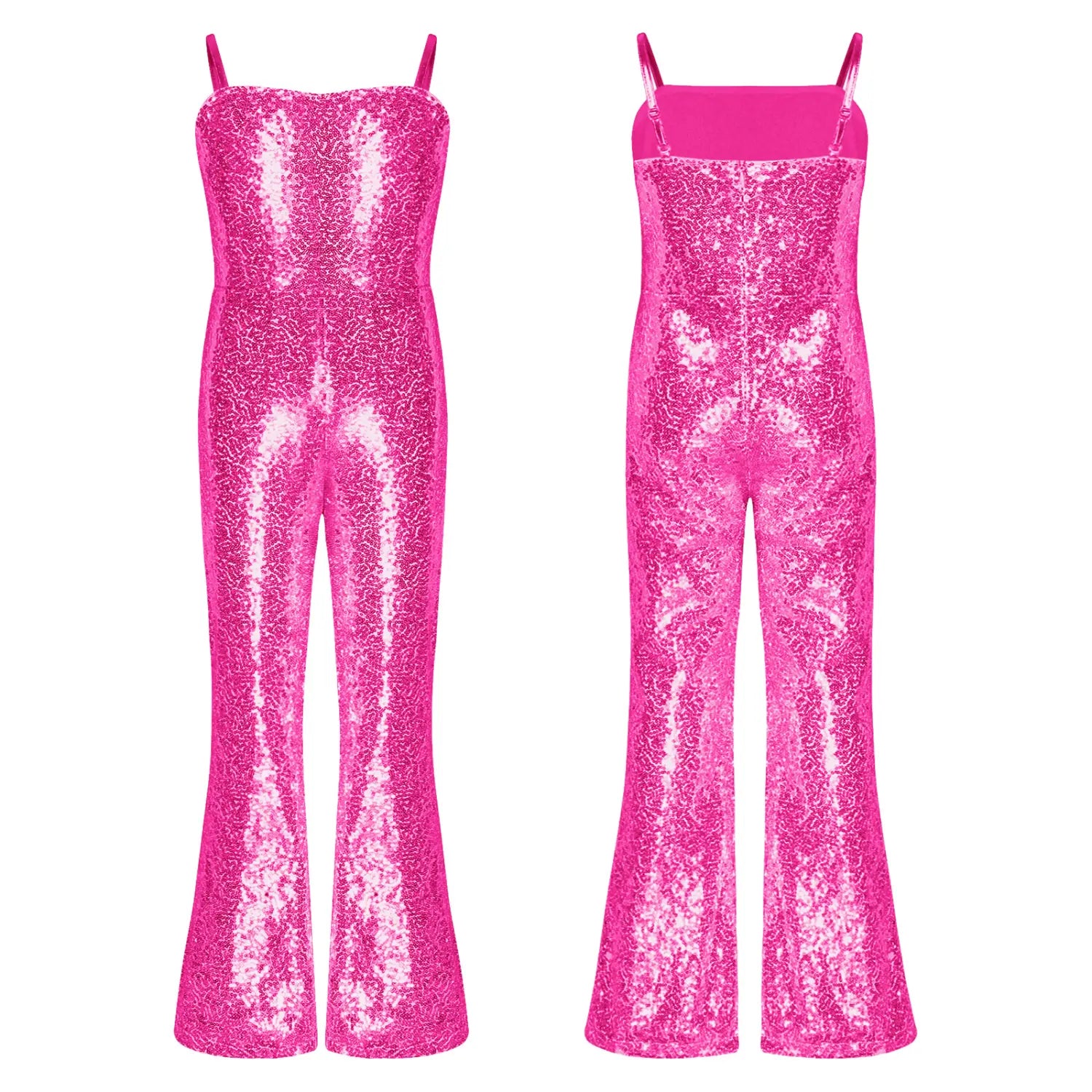 Kid Girl Gymnastic Ballet Leotard & 70-80s Retro Hippie Disco Bell-Bottom Jumpsuit – Sequins Character Cosplay