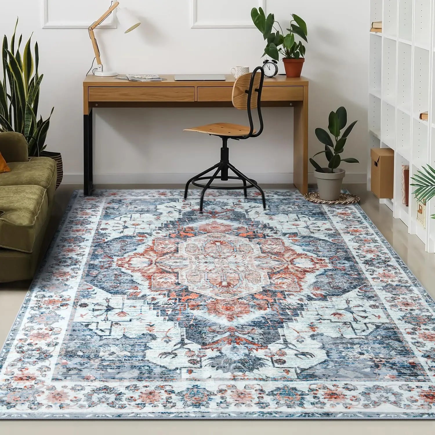 Soft Vintage Floral Area Rug – Non-Slip Low-Pile Carpet for Living Room Bedroom Dining & Kitchen