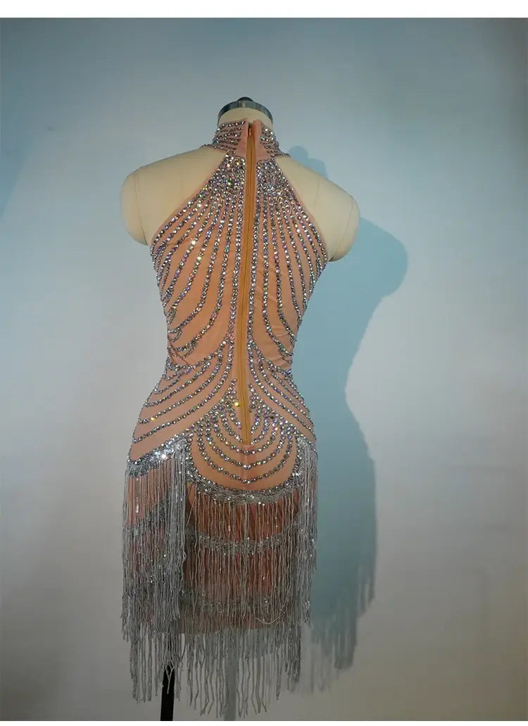 Elegant Rhinestone Fringe Tassel Dress – Sparkly Transparent Nightclub Outfit for Women Dancers & Birthday Celebrations
