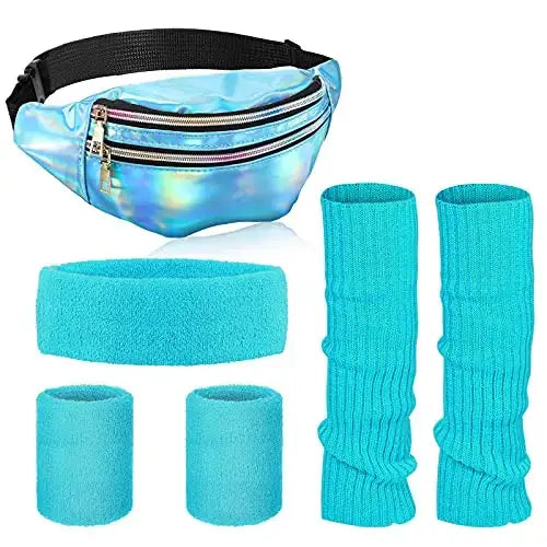 80s Neon Leg Warmers Set with Holographic Fanny Pack Headband and Wristbands for Yoga Running and Travel