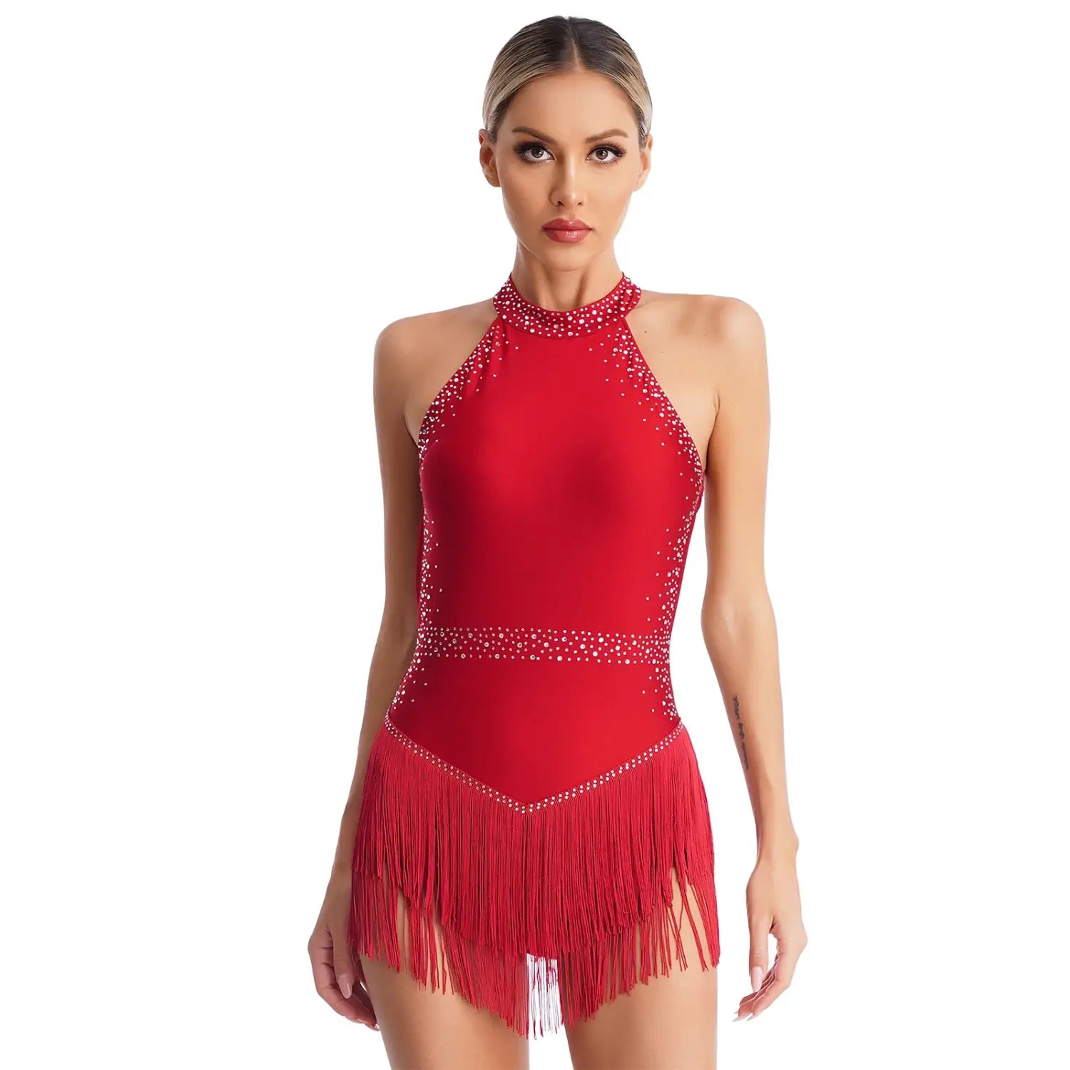 Women’s Shiny Rhinestone Latin Jazz Ballet Dance Costume - Backless Cha Cha Ballroom Leotard Fringe