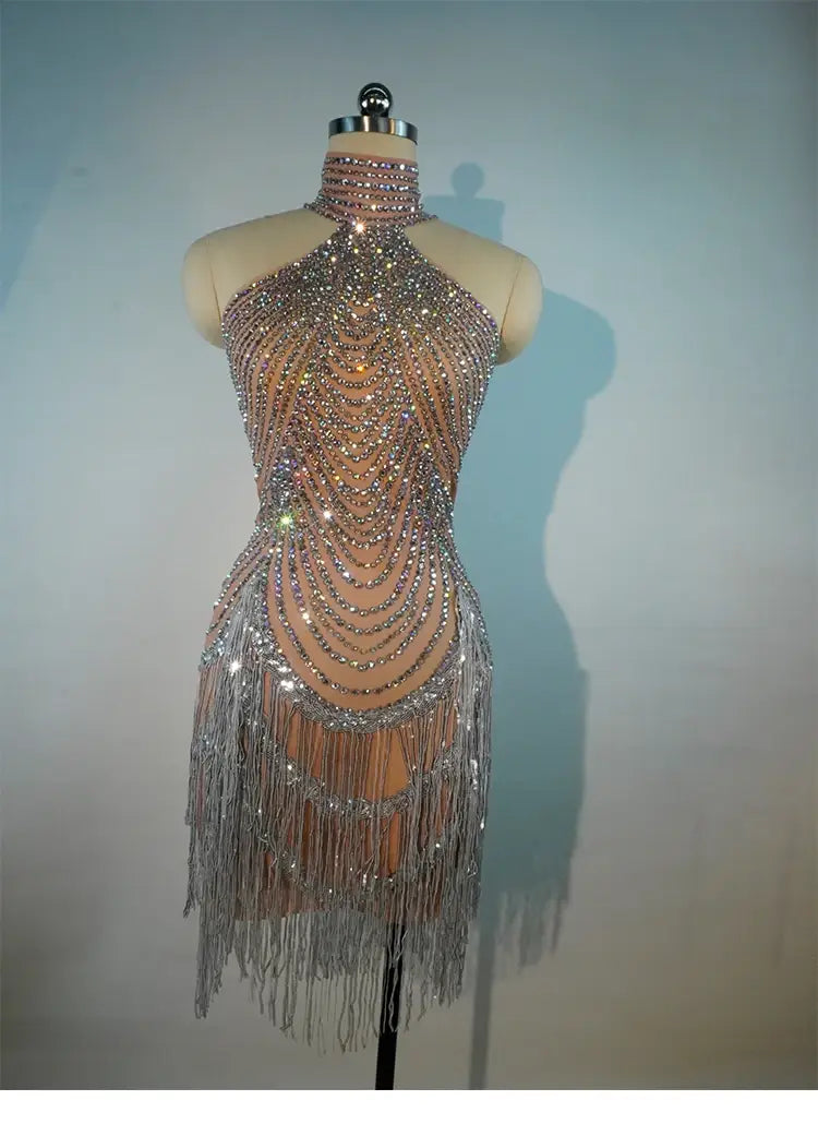 Elegant Rhinestone Fringe Tassel Dress – Sparkly Transparent Nightclub Outfit for Women Dancers & Birthday Celebrations