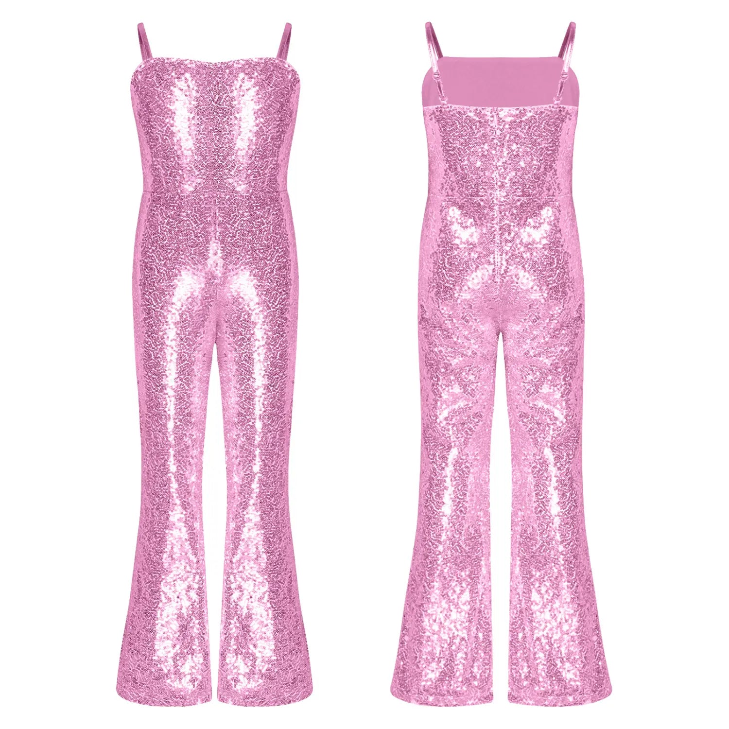 Kid Girl Gymnastic Ballet Leotard & 70-80s Retro Hippie Disco Bell-Bottom Jumpsuit – Sequins Character Cosplay