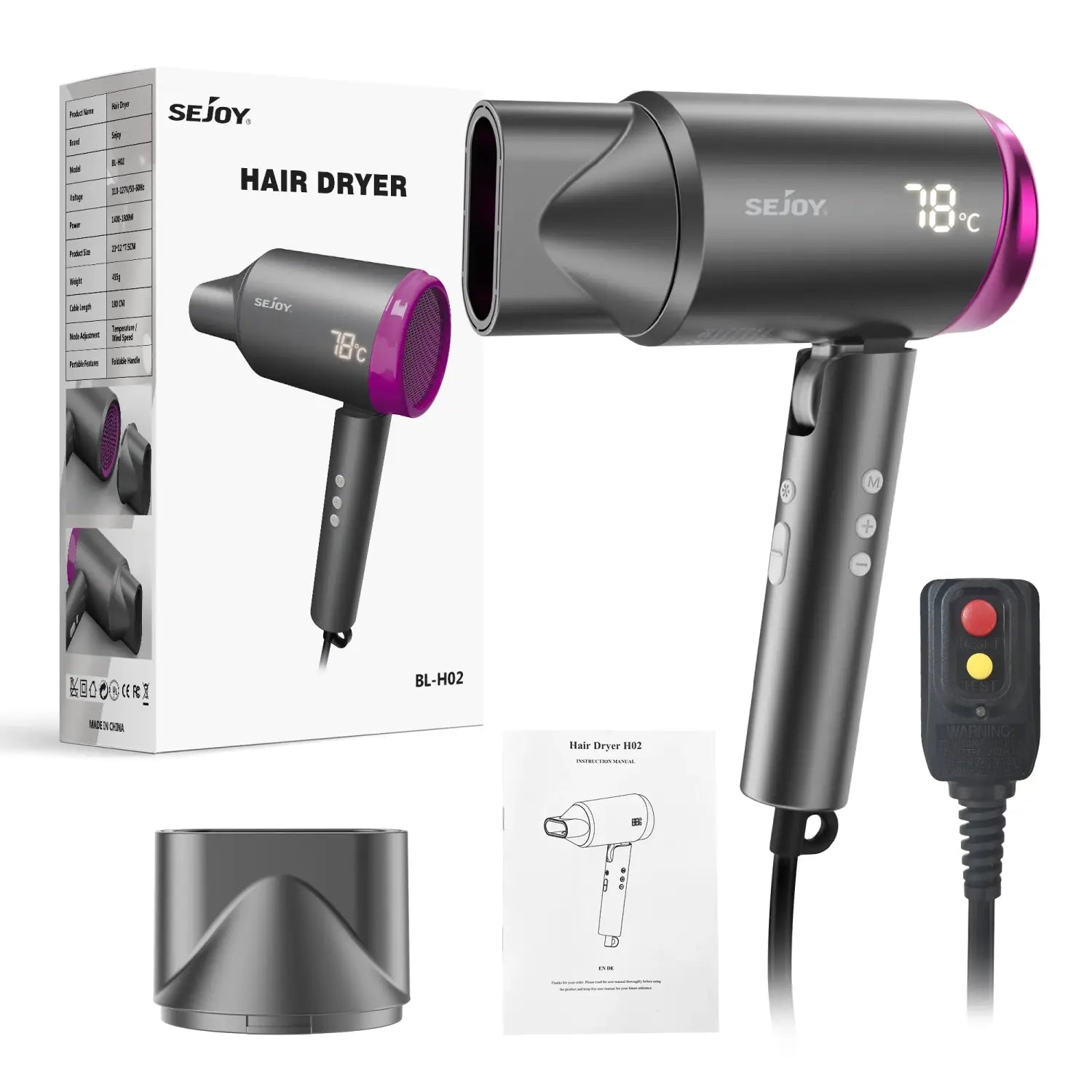 Sejoy 1800W Hair Dryer – High-Speed Low Noise and Quick Drying for Home