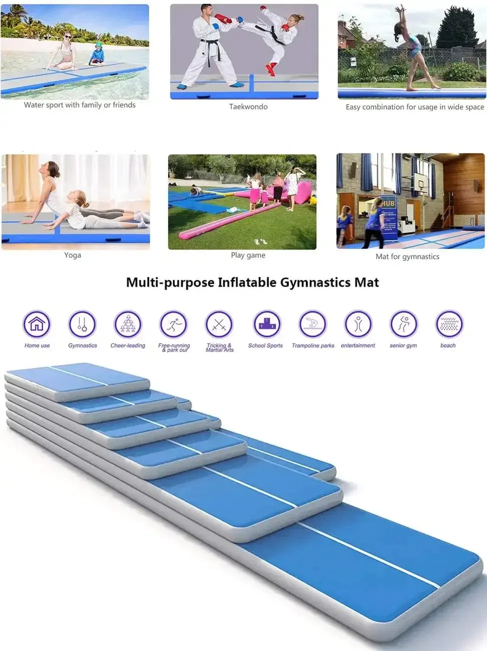 Inflatable AirTrack Gym Mat – PVC DWF Tumbling Mat for Gymnastics Cheer Taekwondo & Home Use (3m–10m Lengths)