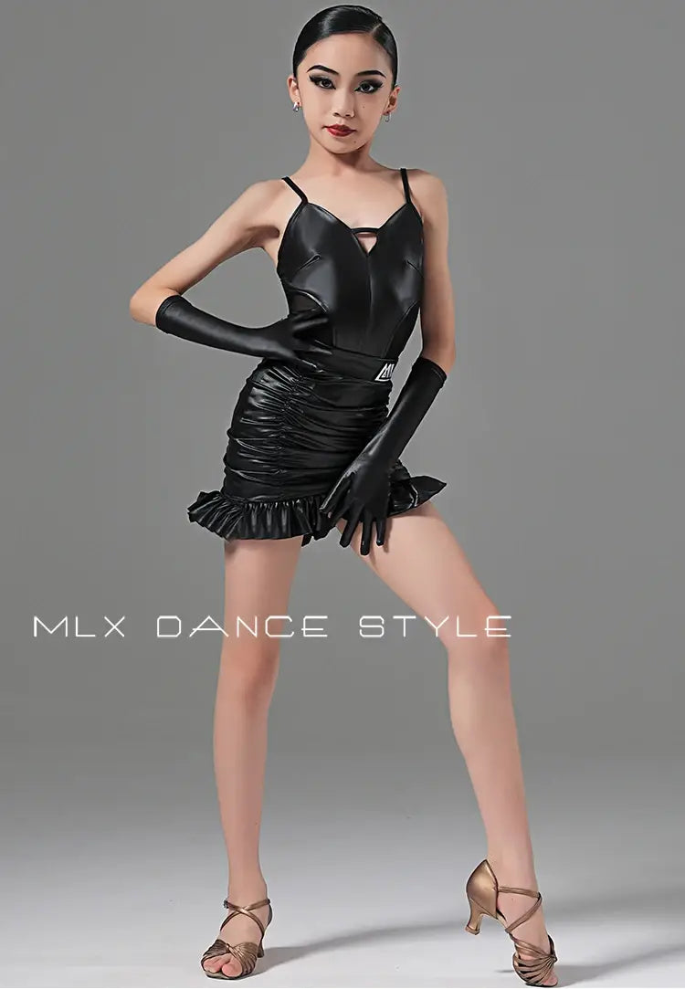 Black Leather Latin Dance Dress for Girls – Samba ChaCha Rumba Salsa Competition & Training Costume