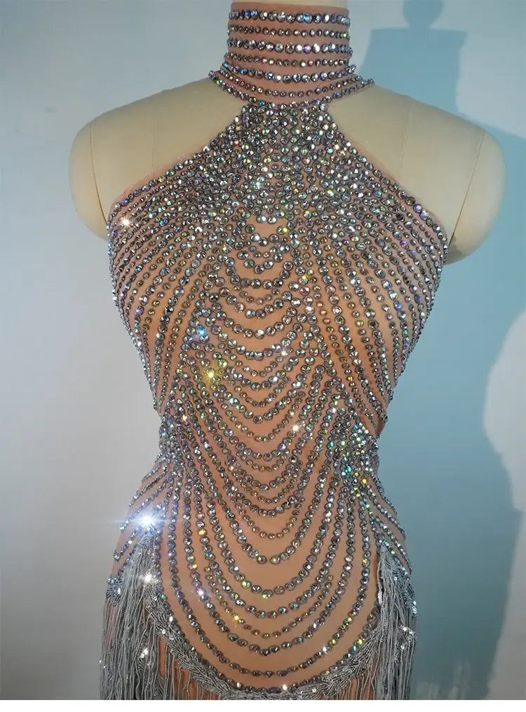 Elegant Rhinestone Fringe Tassel Dress – Sparkly Transparent Nightclub Outfit for Women Dancers & Birthday Celebrations