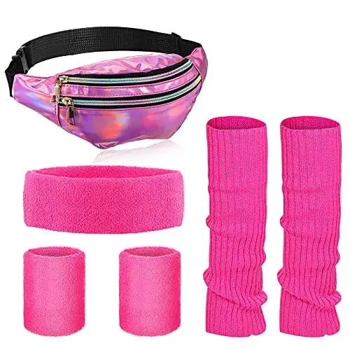 80s Neon Leg Warmers Set with Holographic Fanny Pack Headband and Wristbands for Yoga Running and Travel