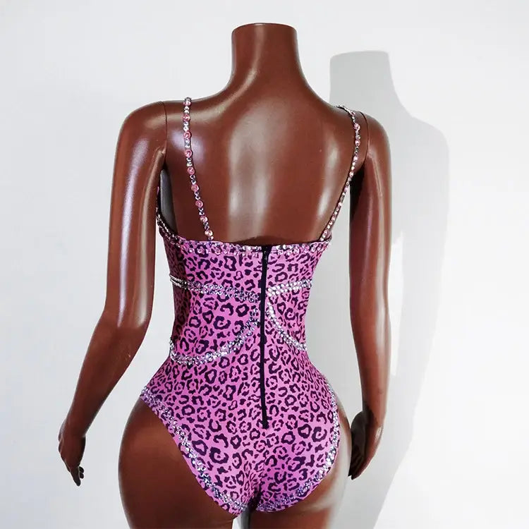 Sexy Pink Leopard Print Rhinestone Jumpsuit – Stretch Bodysuit for Dance Stage Nightclub & Birthday Performances