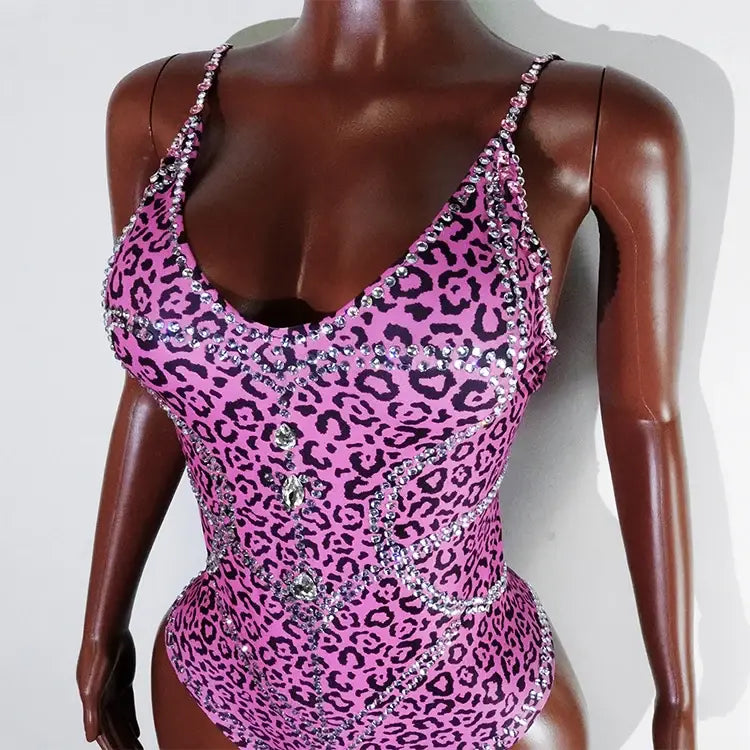 Sexy Pink Leopard Print Rhinestone Jumpsuit – Stretch Bodysuit for Dance Stage Nightclub & Birthday Performances