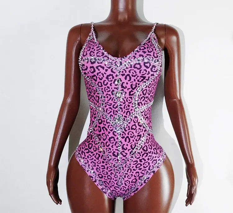 Sexy Pink Leopard Print Rhinestone Jumpsuit – Stretch Bodysuit for Dance Stage Nightclub & Birthday Performances