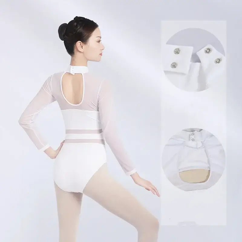 Women’s Mesh High-Neck Ballet Leotard – Stretch Gymnastics Dance Bodysuit