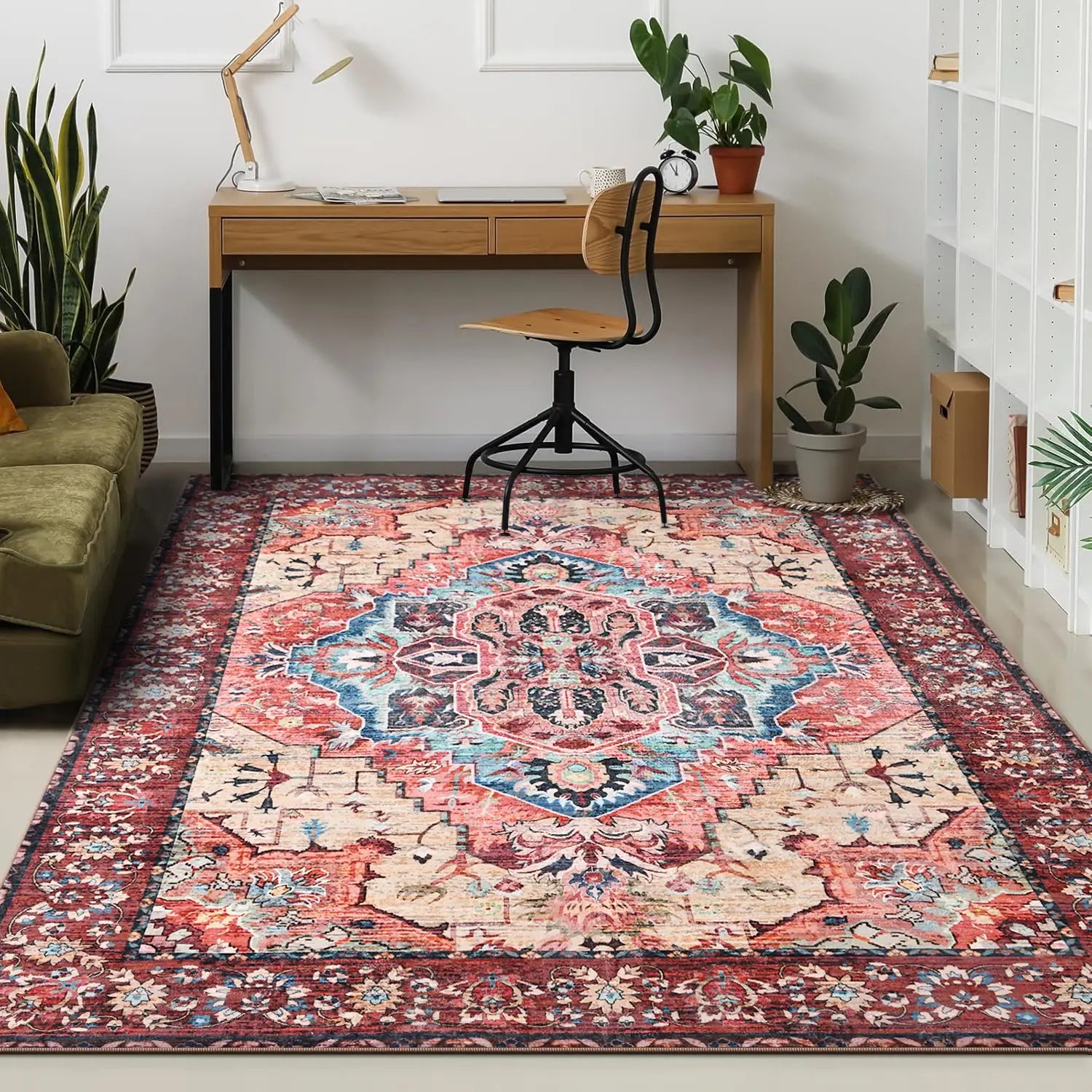 Soft Vintage Floral Area Rug – Non-Slip Low-Pile Carpet for Living Room Bedroom Dining & Kitchen