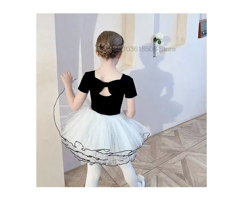 Girls’ Black Short-Sleeve Ballet Training Leotard with Back Bowknot