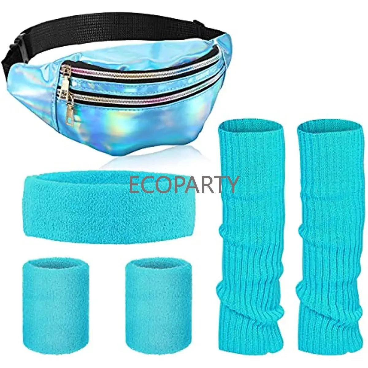 80s Neon Leg Warmers Set with Holographic Fanny Pack Headband and Wristbands for Yoga Running and Travel