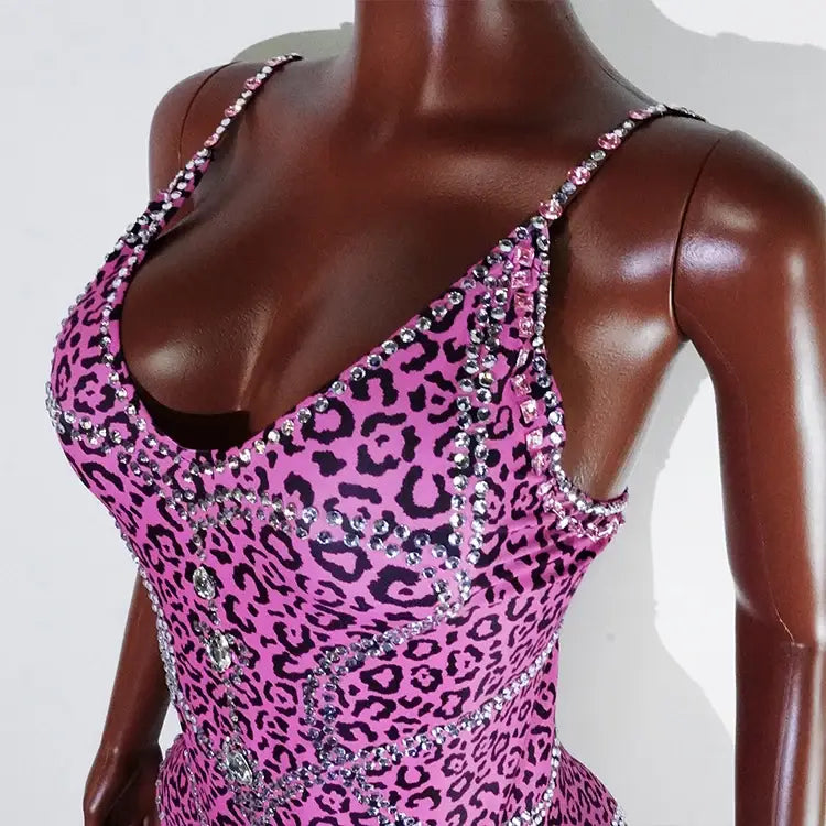 Sexy Pink Leopard Print Rhinestone Jumpsuit – Stretch Bodysuit for Dance Stage Nightclub & Birthday Performances
