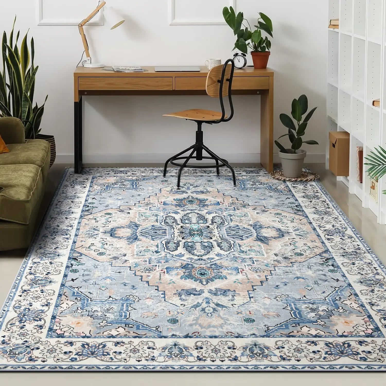 Soft Vintage Floral Area Rug – Non-Slip Low-Pile Carpet for Living Room Bedroom Dining & Kitchen