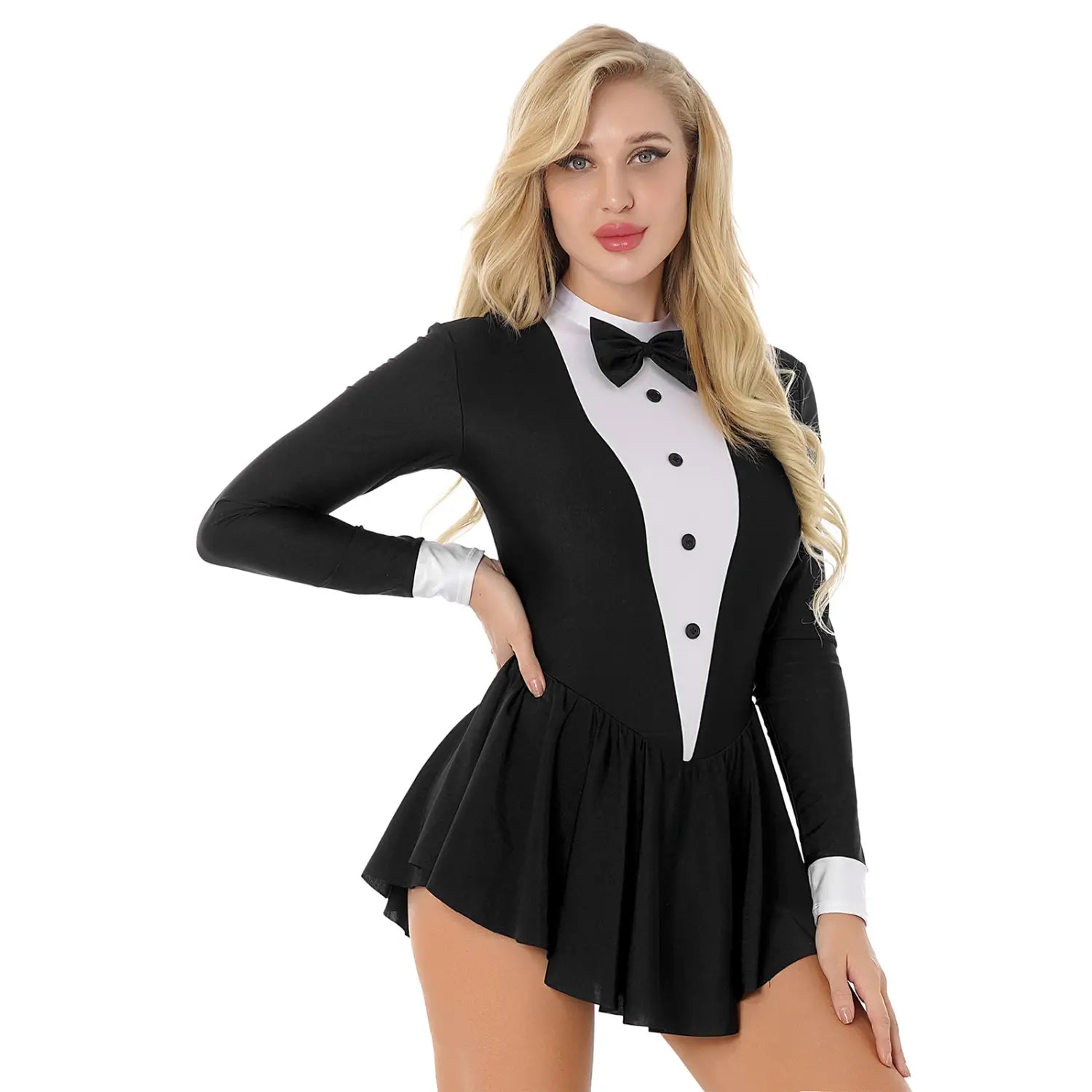 Women’s Tuxedo Bow Tie Collar Dance Dress Long Latin Jazz Ballet Leotard Performance