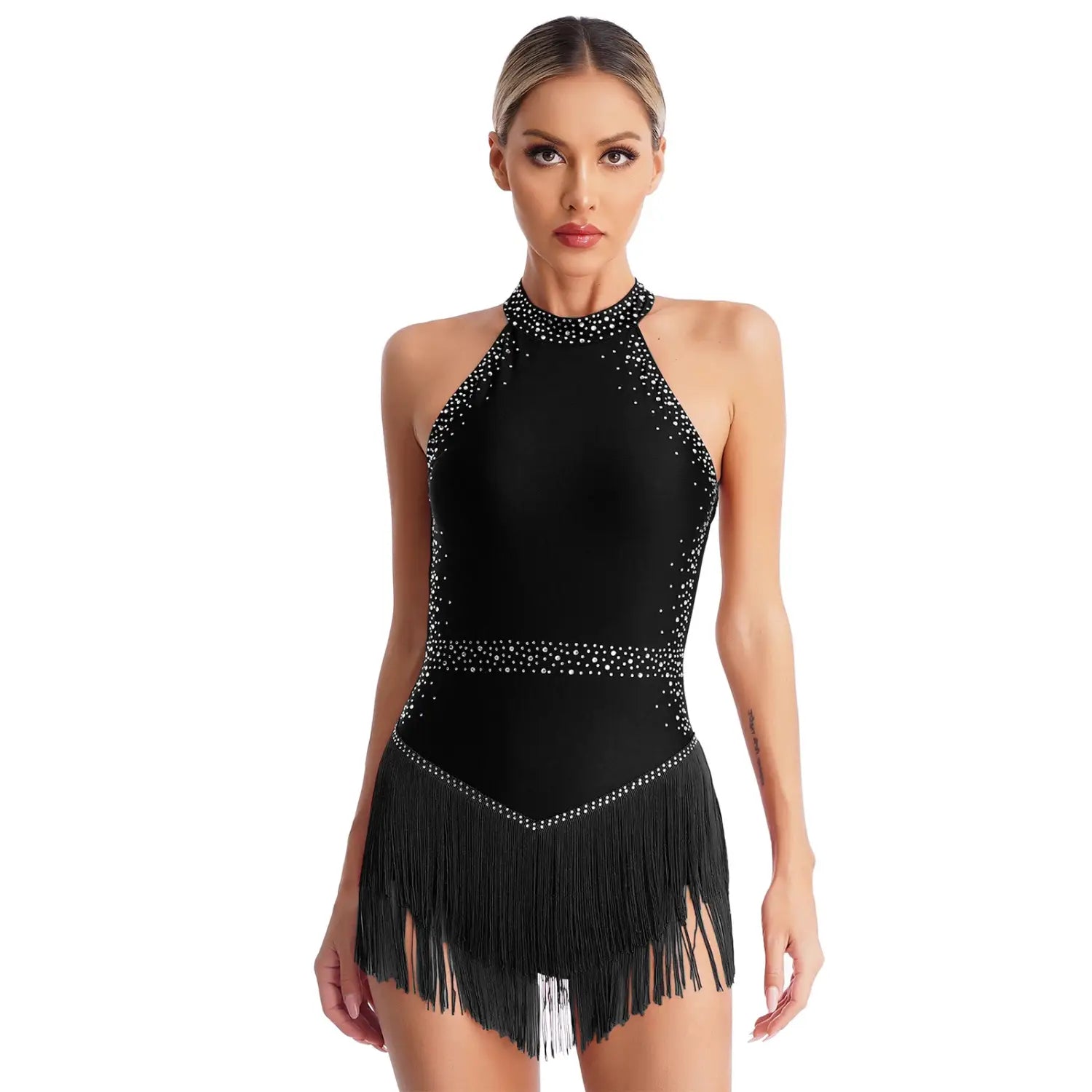 Women’s Shiny Rhinestone Latin Jazz Ballet Dance Costume - Backless Cha Cha Ballroom Leotard Fringe