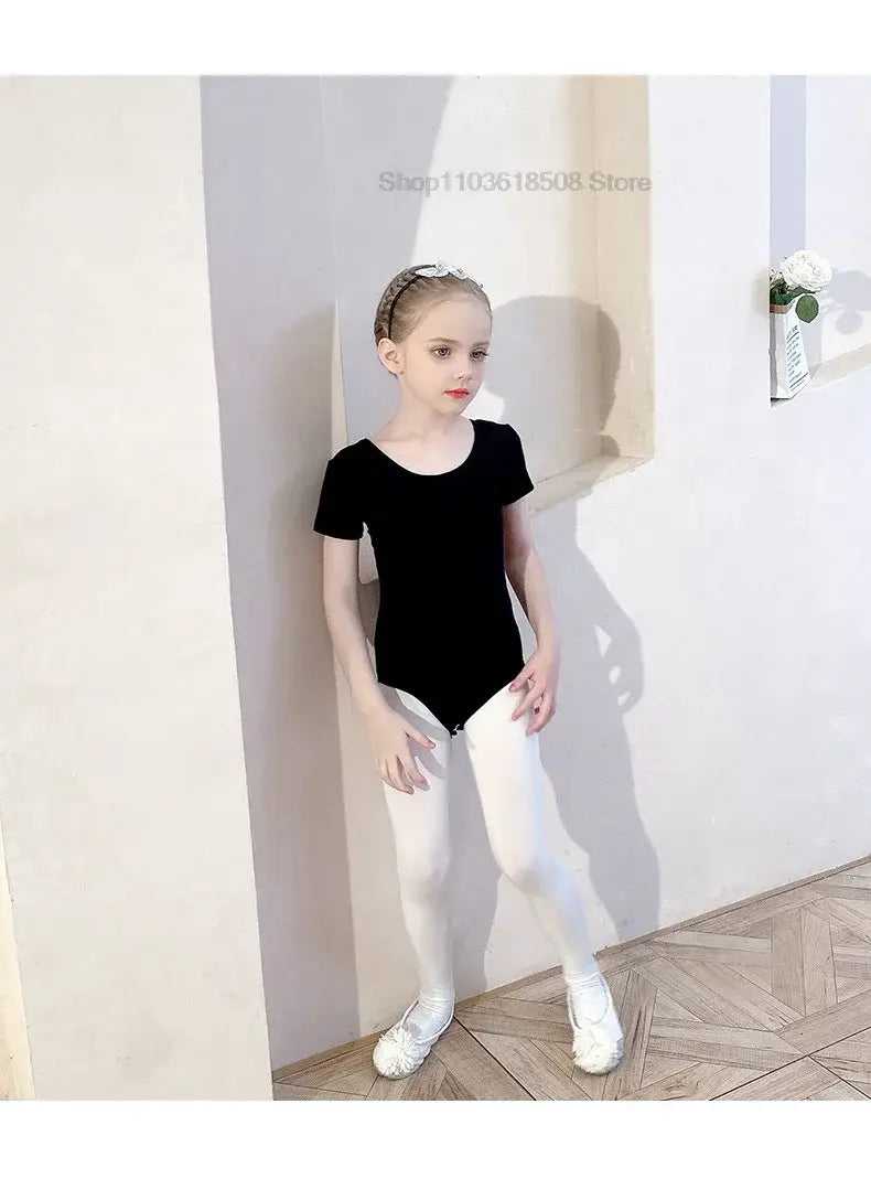 Girls’ Black Short-Sleeve Ballet Training Leotard with Back Bowknot