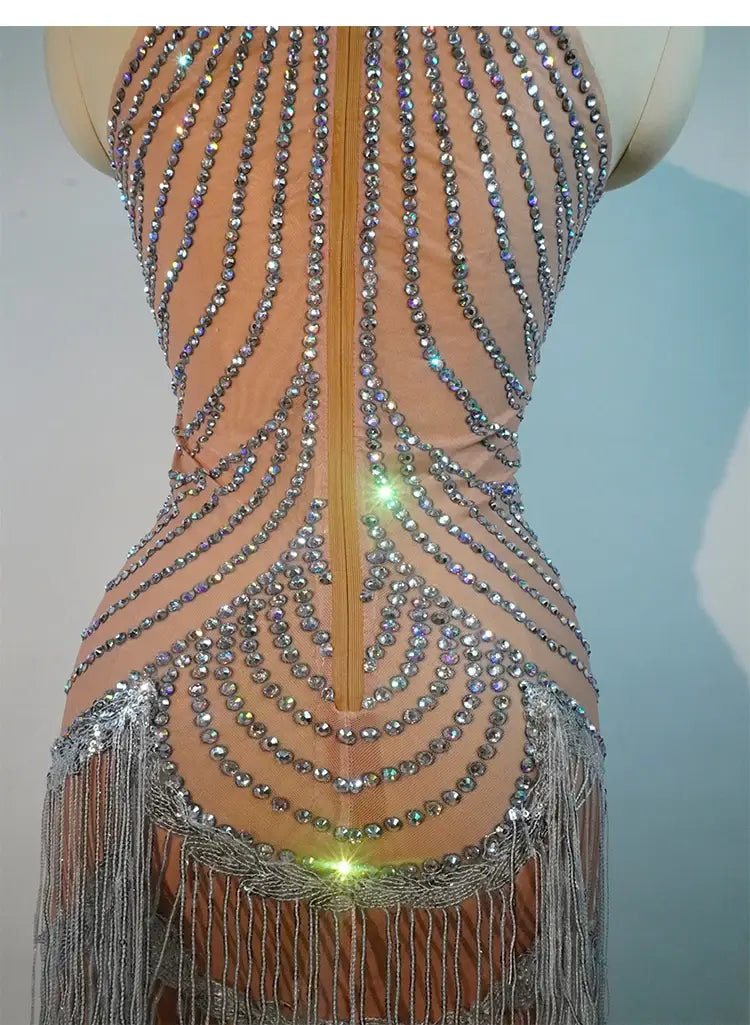 Elegant Rhinestone Fringe Tassel Dress – Sparkly Transparent Nightclub Outfit for Women Dancers & Birthday Celebrations