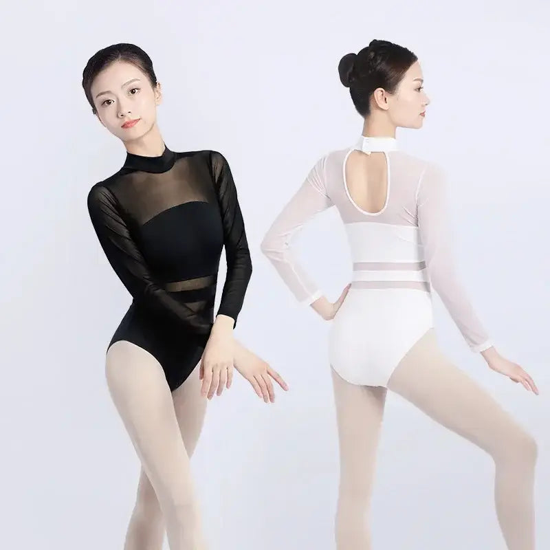 Women’s Mesh High-Neck Ballet Leotard – Stretch Gymnastics Dance Bodysuit