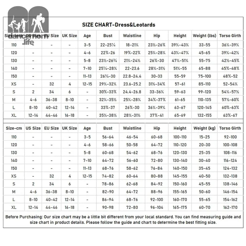 Size chart for dance or gymnastics leotards showing measurements and age ranges.