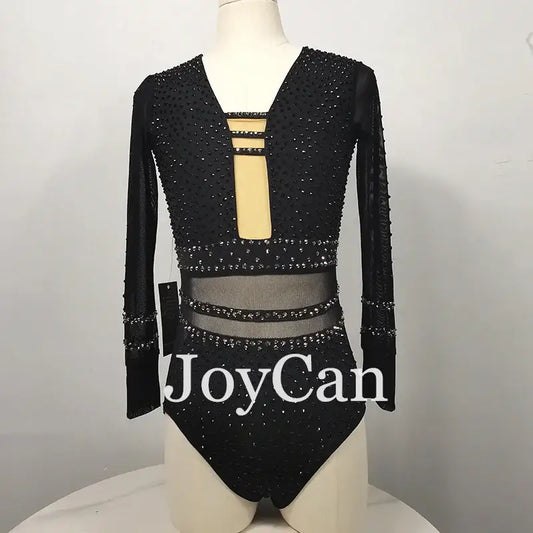 Black sparkly long-sleeved bodysuit with cutout details and strappy accents.