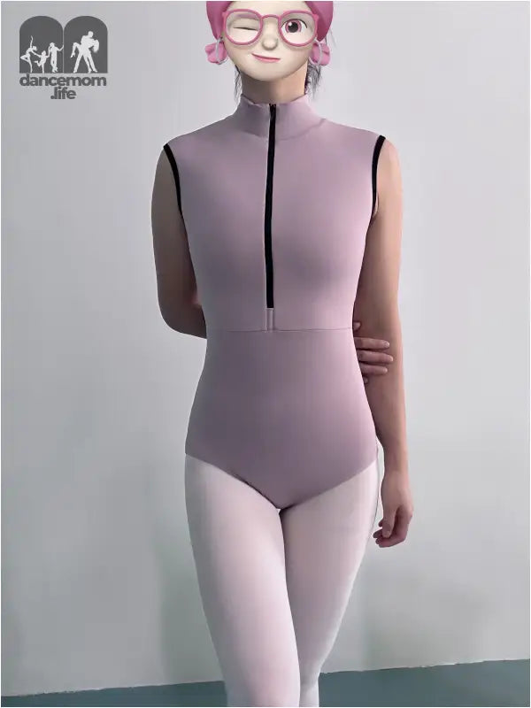 Pink long-sleeved dance leotard with a half-zip front neckline.