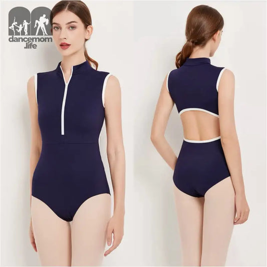 Navy blue sleeveless leotard with white trim and cutout back detail.