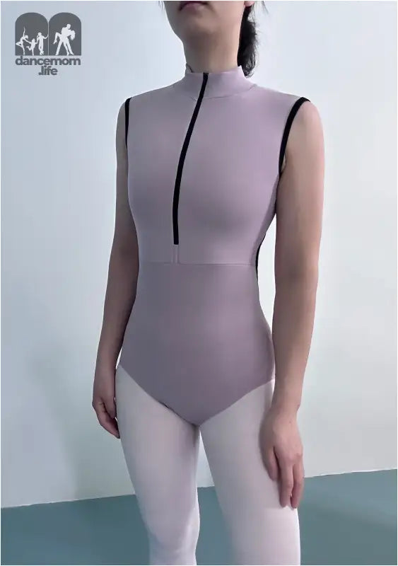 Sleeveless lavender leotard with black trim and front zipper detail.