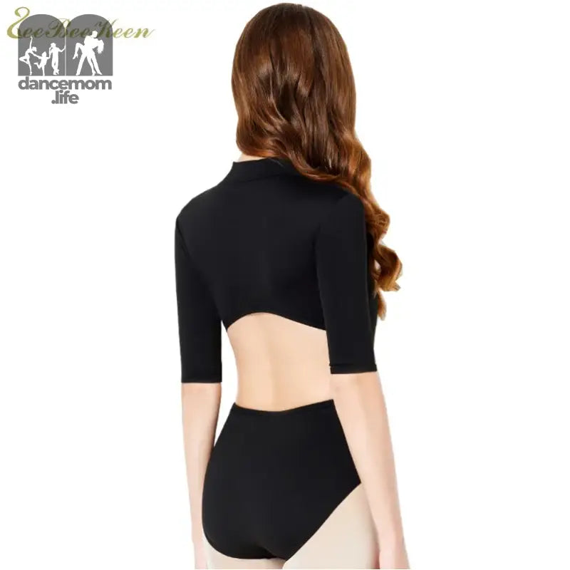 Black cropped dance or gymnastics leotard with half sleeves.